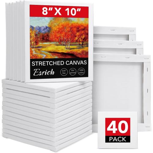 ESRICH 40Pack Stretched Canvas for Painting 8x10, Blank White Canvases for Painting - Primed Cotton, Art Canvases for Oil, Acrylic & Watercolor Paint.