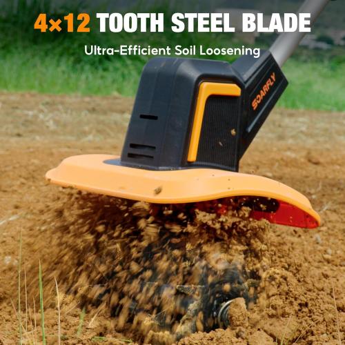 SOARFLY Upgraded Cordless Tiller for Gardening with Dual 2.0Ah Batteries, 48 Steel Tines Battery Rototiller, 9 Width 6.6 Depth Garden Tiller Cultivator for Soil, Tending & Composting (Orange)