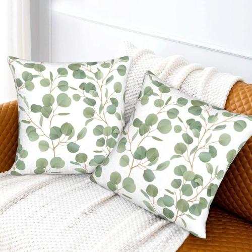 Spring Sage Green Leaf Pillow Covers 18x18 Inch Set of 2 Eucalyptus Floral Watercolor Throw Pillow Cover Grey Seafoam Leaves Square Pillowcase Cushion Cases for Home Couch Bed Sofa