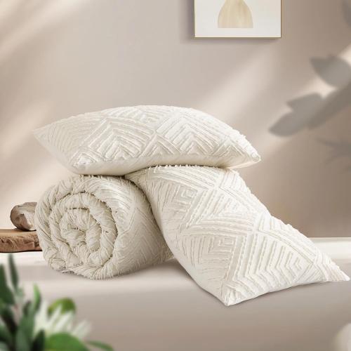 AndencyComforter Set Beige, Boho King Bedding Comforter Set Cream, All Season Soft Lightweight Tufted Textured Down Alternative Comforter Fluffy Bed Set