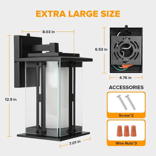 LUTEC 13 Dusk to Dawn Outdoor Wall Sconce, Matte Metal Frame and Double Glazing, Craftsman Style Outdoor Light Fxture with E26 Base, Waterproof Porch Light for Doorway (Pack of 2)