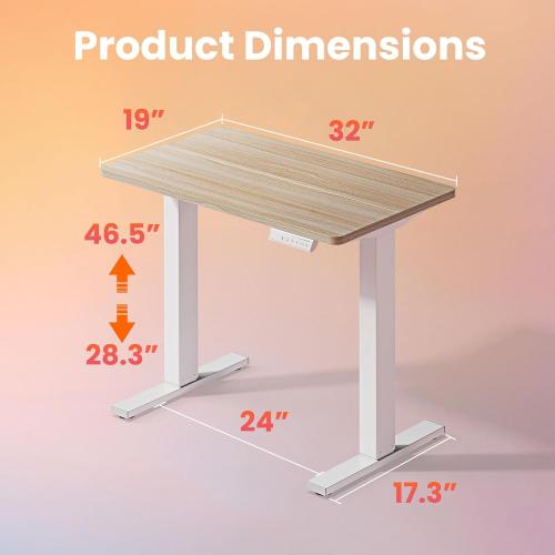 HUANUO 32x19 Inch Small Electric Standing Desk, Adjustable, Light Walnut | 176 Lbs Capacity, Rounded Corners, Wheel-Ready Feet, Compact Desktop, Apartment Workspace, 28.3–46.5 Inch Height Range