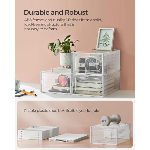 SONGMICS Shoe Boxes, Pack of 12 Shoe Storage Organizers, Stackable Clear Plastic Boxes for Closet, Sneakers, 13.1 x 9.1 x 5.6 Inches, Transparent and White ULSP12SWT