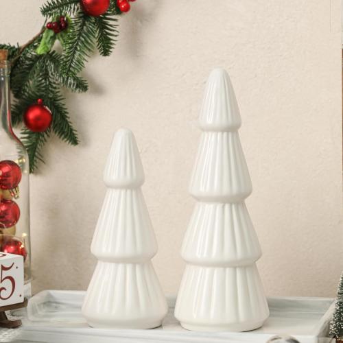 KORMMCO White Ceramic Christmas Tree Decor, Winter Decorations, Small Winter Farmhouse Christmas Tree Decor Set for Tabletop, Mantel, Tiered Tray, Vintage Xmas Decorations, Set of 2 9.6”& 7.5”