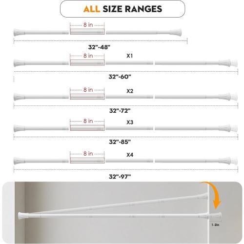 1.1 Inch Diameter Tension Closet Rods for Hanging Clothes 32-48 Inch, Adjustable Pole Closet to Hang Clothes, Heavy Duty Closet bar for Wardrobes with No Drilling Holder, White