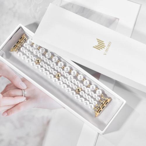 V-MORO Compatible with Apple Watch Band Pearl Series 11/10/9/8/7 42mm 41mm 40mm 38mm Women Fashion Handmade Beaded Elastic Strap Dressy Stretch Bracelet for iwatch SE Series 6/5/4/3/2/1-White/Gold