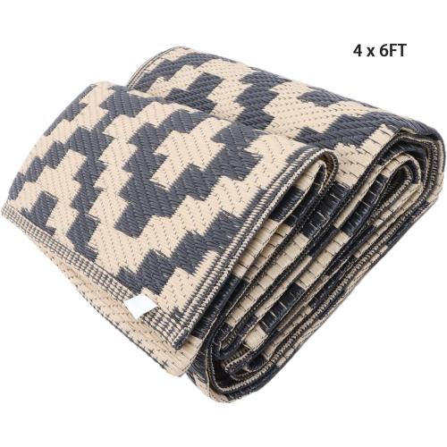 WFLNHB Outdoor Rug 4x6ft, Foldable Reversible Outdoor Plastic Straw Rug, Outdoor Carpet, Outside for Patio, Camp, Picnic, Balcony, Deck, Backyard, Black and Beige