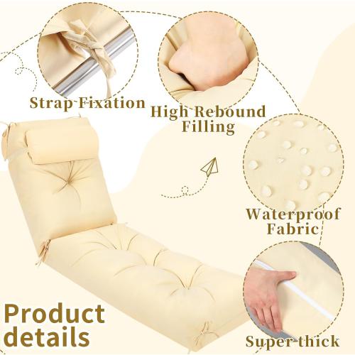 Wenqik Set of 2 Outdoor Chaise Lounge Cushions 76 x 22 x 6 Inch Waterproof Patio Furniture Chaise Cushion with Headrest Pillow Thick Tufted Lounge Pad for Lawn Pool Hotel(Beige)