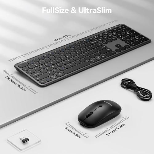 TECKNET Wireless Bluetooth Keyboard and Mouse Combo(2.4G USB   Dual BT), Rechargeable Keyboard Mouse Set, Full Size Quiet Slim Keyboards and Mice for Laptop, PC, iPad, Desktop, Black