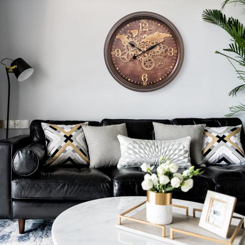 CLXEAST 24 Inch Large Wall Clock with Moving Gears, Industrial Clocks with World Map Dial, Oversized Cool Wall Clock for Living Room Decor,Oil Rubbed Bronze Brown