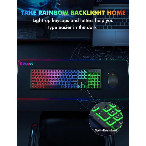 Wireless Keyboard - RGB Backlit, Rechargeable & Light Up Letters, Full-Size, Ergonomic Tilt Angle, Sleep Mode, 2.4GHz Quiet Keyboard for Mac, Windows, Laptop, PC - missing mouse