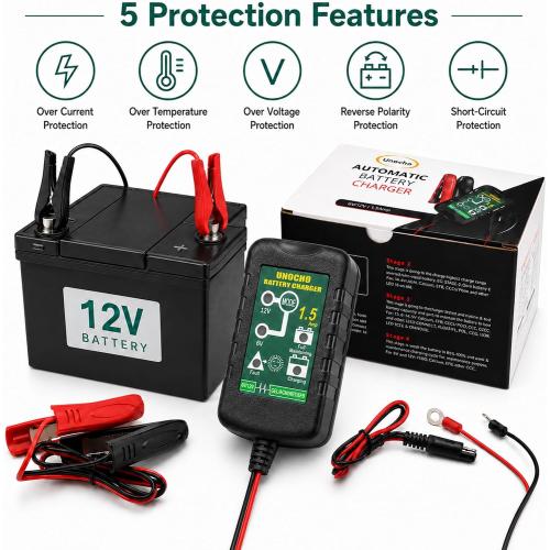 Unocho 6V/12V Battery Charger Maintainer 1.5A Automatic Trickle Charger Smart Float Charger for Car Motorcycle Lawn Mower Boat ATV Snowmobile Lead-Acid AGM GEL SLA VRLA WET Batteries