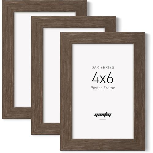 Yaetm 4x6 Picture Frame with Tempered Glass - Brown Walnut, Rustic Solid Wood Frame 4 x 6 for Photo & Art Print, Display on Tabletop or Wall Horizontally and Vertically (3 Pack, Walnut)