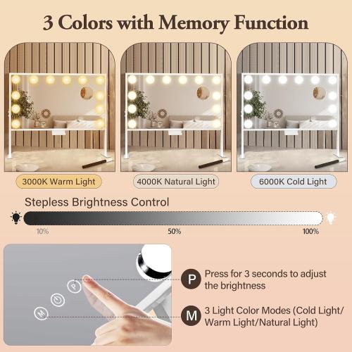 BESTOPE PRO Vanity Mirror with Lights, 23.6 x 22.4 Makeup Mirror with Lights and 3 Color Mode, Height Adjustable Hollywood Mirror with 2 Organizer, USB Charging Port, Phone Holder, Women Gifts
