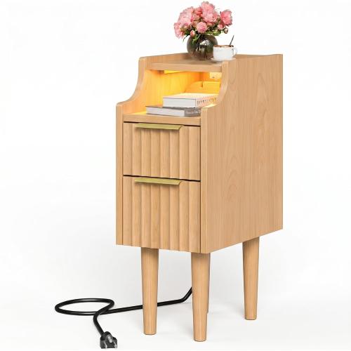 Fluted Narrow Nightstand with Charging Station, Solid Wood Night Stand with 2 Drawers, Natural Mid Century Modern Led Nightstand, Small Beside Table with Open Storage Shelf for Bedroom （10 inch）