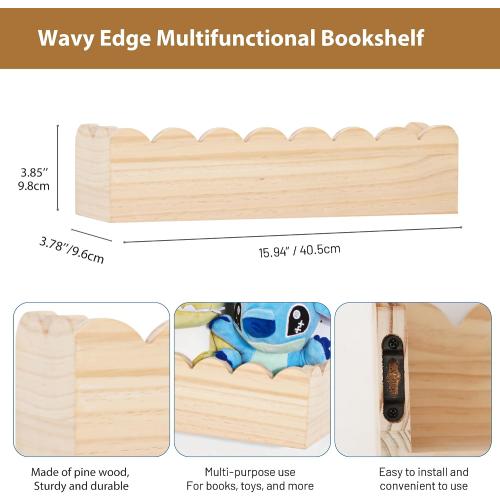 Wood Floating Shelves for Wall ,Nursery Bookshelf,Kids Book Shelf ,Baby Toys Storage Decor Organizer Wall Mounted for Living Room Bedroom,Wavy Edge,Preassembled,2 Pack,Scalloped Pine(Natural Wood)