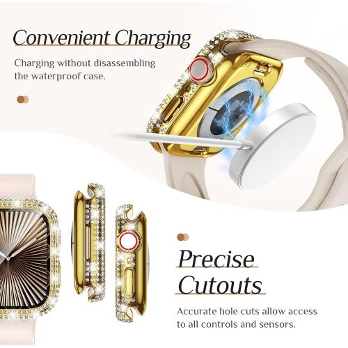 Goton 46mm Waterproof Bling Case for Apple Watch Series 11 & 10 Screen Protector 46 mm, Sparkling PC Front Bumper & Hollow Back for iWatch Cover, Splash-Resistant, Easy Install