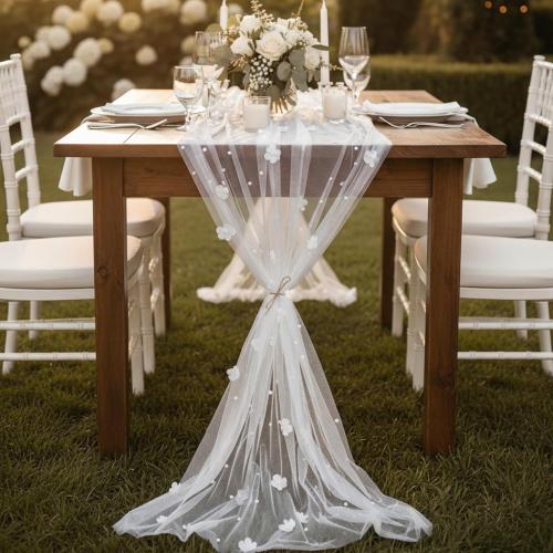 Lounsweer 3 Pcs Tulle Table Runner 10ft Embroidery Table Runner Tulle Fabric Wedding Lace Tablecloth for Bridal Shower Veil Baby Shower Sweetheart Birthday Home Decorations (White,Pearl)