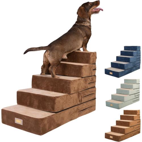 All-in-One Adjustable Dog Stairs – 5-Step Premium Pet Ramp for Small to Large Dogs – Sturdy, Non-Slip & Versatile for Beds, Sofas & More - Soft Cover, Modern Design (Brown)
