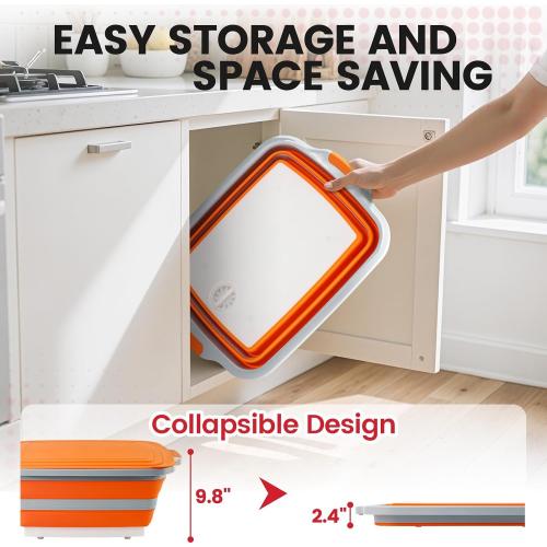 BBQ Prep Tub 3-IN-1 Large 30L Collapsible Cutting Board with Lid for Grill Meal Prep Marinating Food, Camping Sink with Colander, Dish Basin, Storage Blanket for Camping Picnic BBQ Grilling, Orange