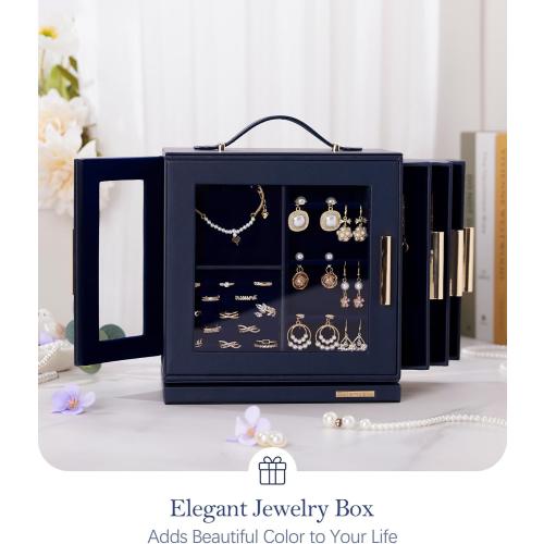 Homde Jewelry Box 360° Rotating, Necklace Earring Organizer with Transparent Window, Mirror, 7 Drawers, Large Ring Display Storage Case for Girls Women (Dark Blue)