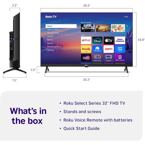 Roku Smart TV 2025 – 32-Inch Select Series, 1080p Full HD TV – Roku TV with Voice Remote – Flat Screen LED Television with Wi-Fi for Streaming Live Local News, Sports, Family Entertainment