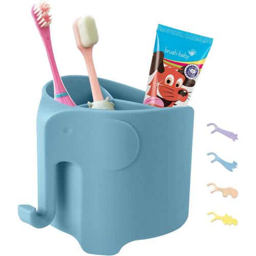 Kids Toothbrush Holder, Cute Elephant Toothbrush Holders for Toddler, Toothbrush Toothpaste Holder for Bathroom, Toothbrush Organizer with 3 Slots and a Hook, Blue