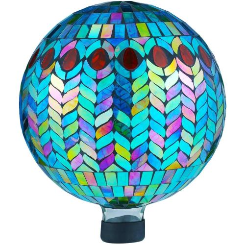VOREEN Mosaic Gazing Ball, 10 Handmade Glass Reflective Garden Globe, Outdoor Yard Patio Lawn Decoration Sphere, Peacock Feather Design, Blue
