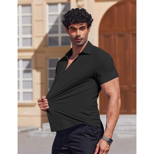 COOFANDY Mens Muscle Fit Dress Shirts Stretch Wrinkle Free Short Sleeve Button Down Shirt Casual Solid Untucked Shirt (XL)