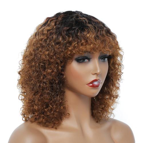 Curly Wig Human Hair For Black Women Shaggy Curly Bob Wig with Bangs 12'' 200% Density Wigs Human Hair Glueless Wear and Go Short Colored Kinky Curly Wigs Ombre Brown Afro Curly Wigs (12, 1B/30)