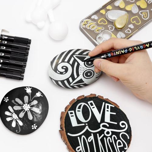 Black and White Paint Marker, 8 Pack Dual Tip Acrylic Paint Pens with Medium Tip and Brush Tip, Ideal for Wood, Rock Painting, Canvas, Stone, Glass, Ceramic