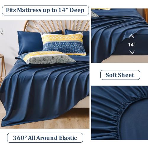 WONGS BEDDING Boho Comforters Set Queen, 7 Pieces Navy Blue and Yellow Comforter Sets Bohemian Bed in a Bag Striped Comforter Set Soft Microfiber Paisley Floral Comforter and Sheet Set for All Season