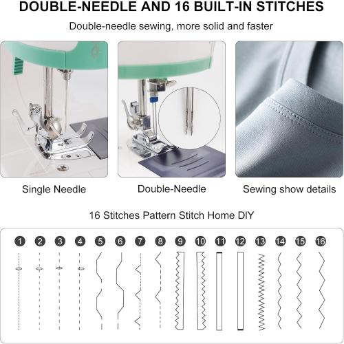 Twin Needles Sewing Machine, Double Needle and Double Thread, 16 Stitch Applications, Lightweight Household Electric Sewing Machine for beginners, with Foot Pedal, Light, Storage Drawer, Accessory Kit