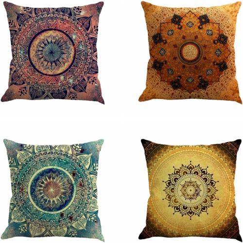 Set of 4 retro cushion covers with compass medallion and floral mandala, bohemian style, boho hippie decor, decorative cushions for sofa or armchair.