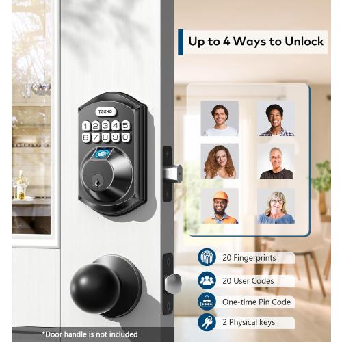 TEEHO TE002 Fingerprint Door Lock - Keyless Entry Electronic Keypad Deadbolt with 2 Backup Keys - Auto Lock - Easy Installation - Smart Locks for Front Door - Matte Black