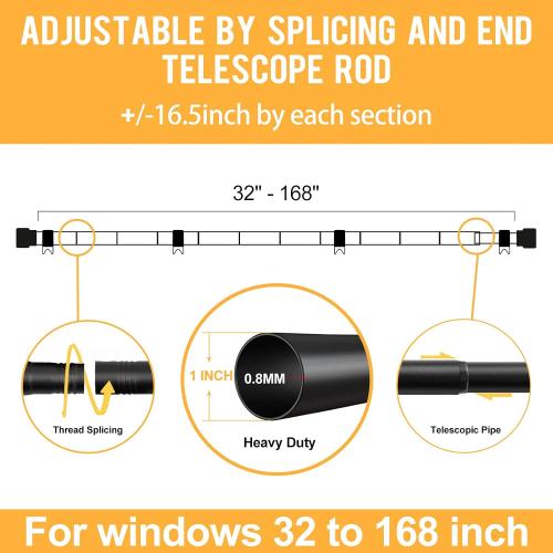 Zeerobee Curtain Rods, 120-170 Inch, Black, Metal, Matte Painted, 1 Inch Heavy Duty, Adjustable Telescopic, Wall/Ceiling Mounted