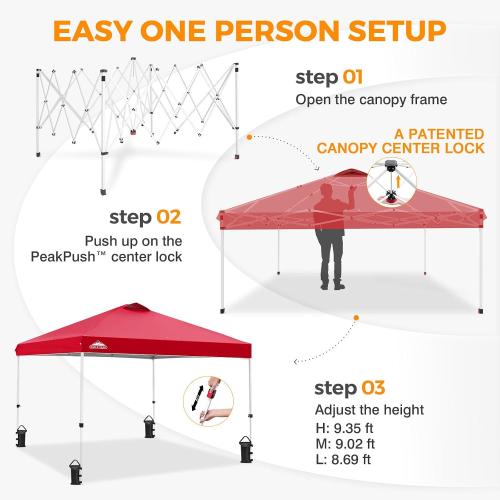 EAGLE PEAK Pop Up Canopy Tent with Wheeled Carry Bag, 8 Stakes, 4 Ropes, 4 Weight Bags, Easy Set Up Tent Canopy, 10x10 ft, 100sqft of Shade, Red