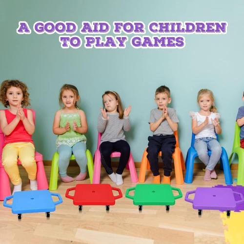 Jerify 4 Pieces Sports Scooter Board with Handles Plastic Casters Floor Sitting Scooter Boards for Kids Children Gym Indoor Outdoor Activities Play Equipment, 11.22 x 11.22 inch