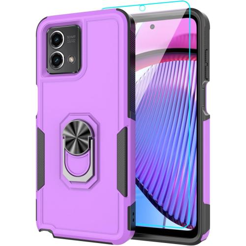 for Moto G Power 5G 2023 & Moto G 2023 Case With Tempered Glass Screen Protector, Heavy-Duty Tough Rugged Phone Cover With Ring Holder Kickstand [Purple/Black]