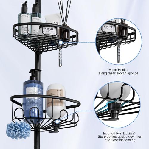 Corner Shower Caddy Tension Pole: Stainless Steel Rustproof 4-Tier Shower Organizer - 47-121 inch Adjustable Bathroom Shelves for Bathtub Shampoo Storage - Tension Rod Floor Standing Bath Rack - Black