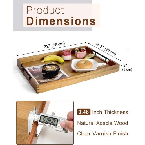22 Inches Acacia Wood Serving Tray with Metal Handles, Large Wooden Rectangle Ottoman Tray, Decorative and Durable Design for Living Room Coffee Table Couch Kitchen