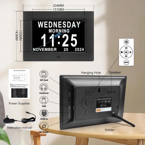 Black 7inch Johnziny Digital Clock with Day and Date for Elderly Large Display Digital for Elderly Dementia Clock Alarms, 12 Alarms and 8 Tags,4 Colors Display Calendar Alarm Clock(Black)