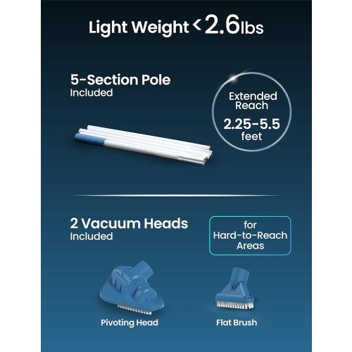 KOKIDO Cordless Handheld Pool Vacuum for Above Ground Pool, with 6ft Pole and 2 Vac Brush Heads, Ideal for Spot Cleaning Small Inground Pool Spa up to 20ft, Rechargeable, 60min, Sand and Light Debris
