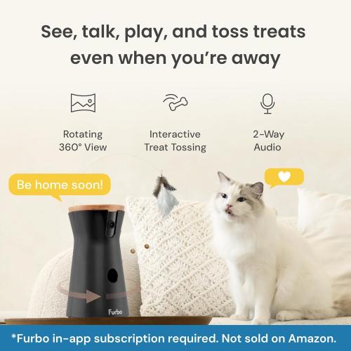 Furbo 360° Cat Camera - Unlock Camera & Smart Features w/Paid Plan: Home Security & Pet Safety Alerts, Rotating Treat Dispenser w/Speaker, Smart Cam w/Phone App (Subscription Required, 3mo Minimum)