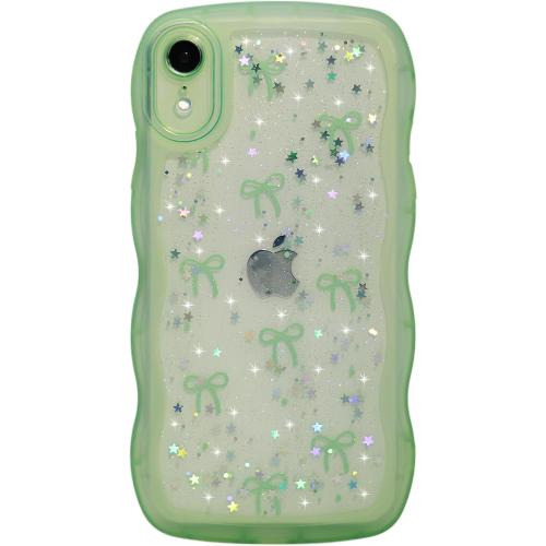 Qokey for iPhone XR Case, Glitter Star & Curved Edge Handle Grip Design, Military-Grade Shockproof Clear TPU Cover, Sparkle Protection Scratch-Resistant, Holographic Sage Green Bow