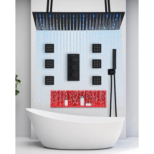 16x32 Shower Head System Ceiling Mount Shower Faucet Set Luxury Shower Faucets with Adjustable Body Shower Jets and Handheld Spray LED Large Rainfall Showerhead, Matte Black