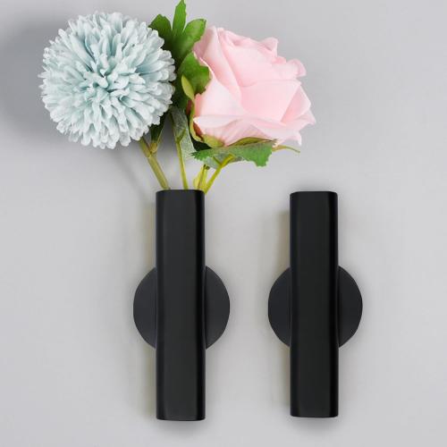 7 Wall-Mounted Flower Tube, Top/Bottom Open Vase, Wall Metal Flower Tube Decoration Holder for Flower Display, Home Office Living Room Bedroom Decoration with Adhesive Material, 2pcs(Black)