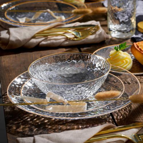Hammered Gold Plastic Bowls Disposable Heavy Duty - 12 Oz Clear Plastic Bowls For Parties - Premium Clear Disposable Bowls for Hot Soup, Salads.