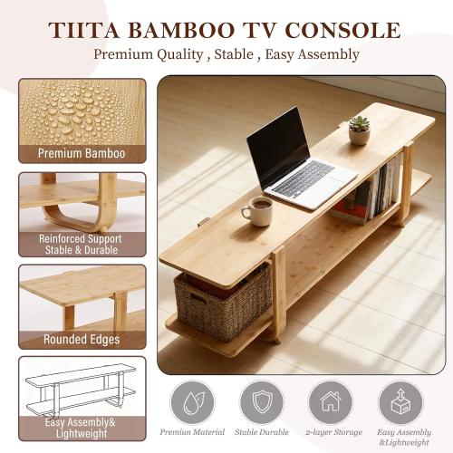 Wood Bamboo TV Stand for 55-Inch TVs, 2 Open Shelves, Modern Console | Mid Century Style, Open Storage for Electronics and Decor in Living Rooms and Bedrooms