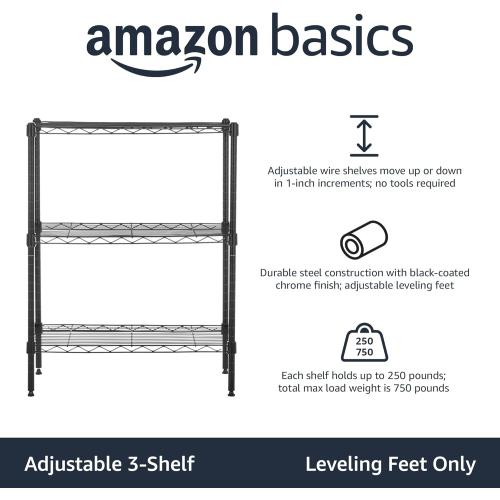 Amazon Basics 3-Shelf Adjustable Heavy Duty Steel Wire Rack Storage Shelving Organizer for Kitchen, Garage, 23.2 L x 13.4 W x 30 H, Black